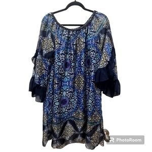 Urban Mangoz XL Blue Black Bell Ruffle Sleeve Midi Dress with Liner Boho Beaded
